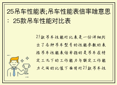 25吊车性能表;吊车性能表倍率啥意思：25款吊车性能对比表